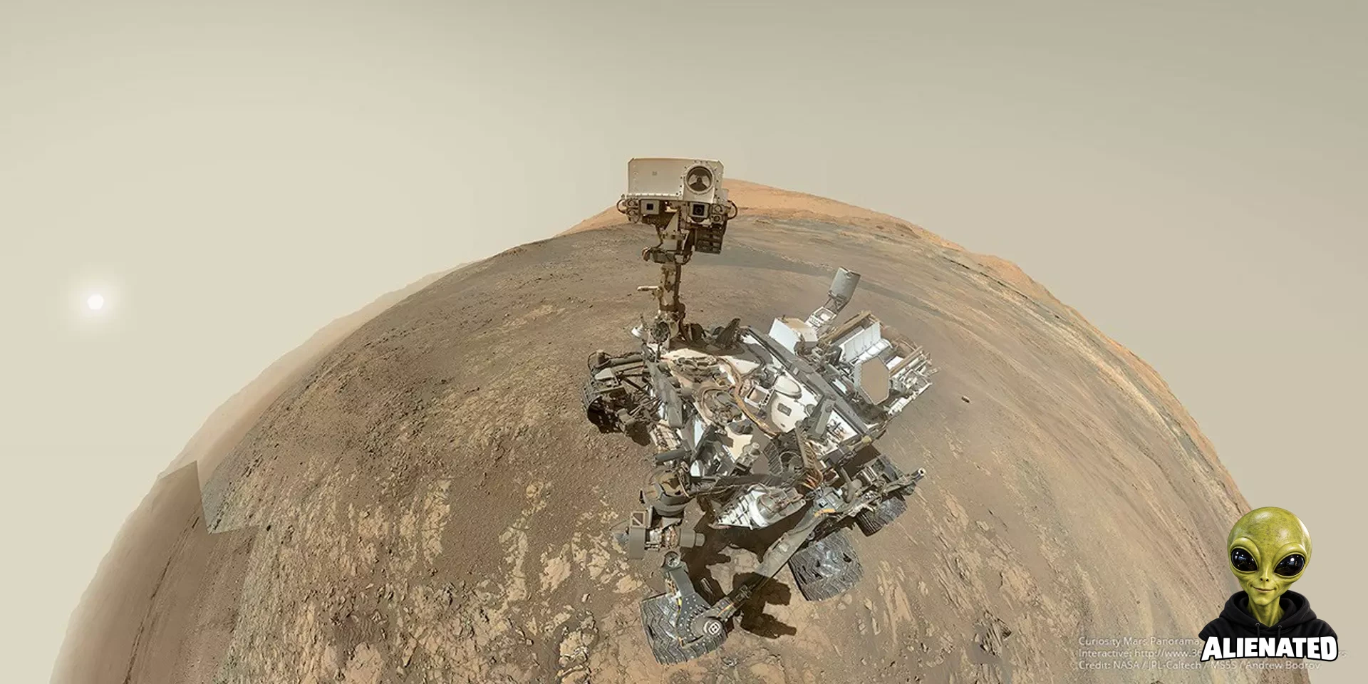 Fisheye wide-angle image of the Curiosity rover on Mars.