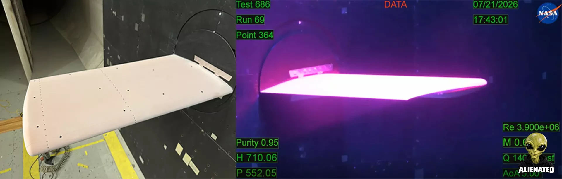 Side‑by‑side images showing a wing-like test article mounted in a wind tunnel. The left image displays the pale, unlit test article attached to instrumentation inside the tunnel. The right image shows the same article under aerodynamic heating, glowing bright pinkish‑purple as test data parameters appear around it, including readings for pressure, temperature, Mach number, and angle of attack.