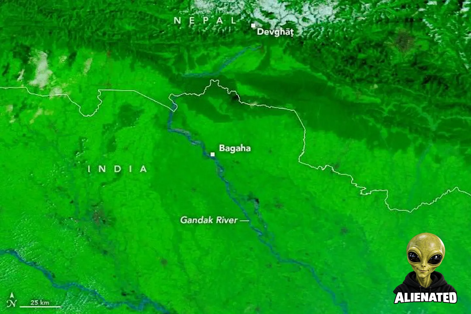 A false-color satellite image shows the Gandak River before the flooding on September 20, 2026.
