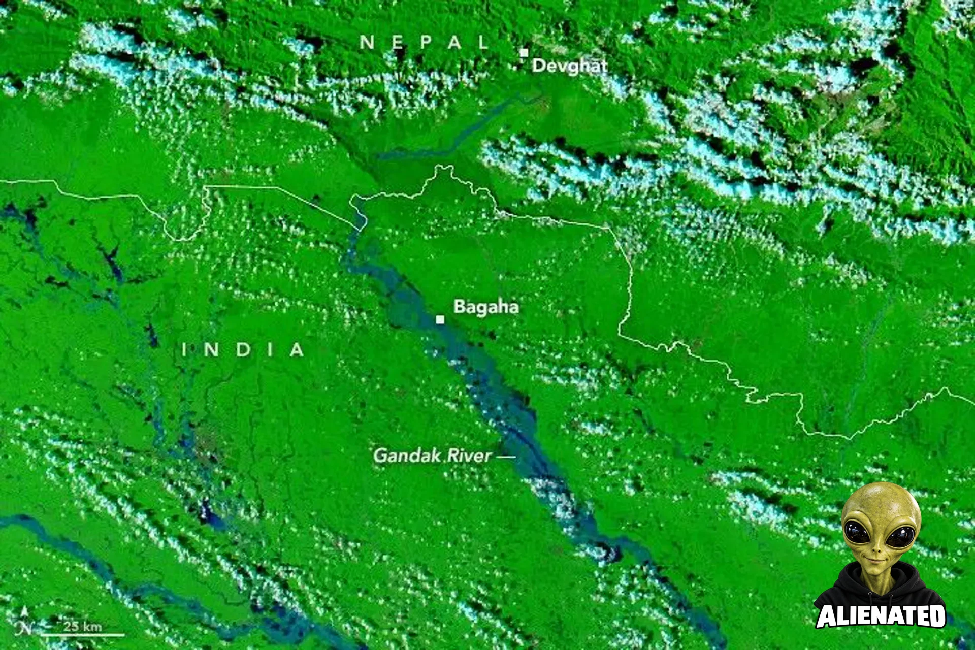 A false-color satellite image shows the same area during the flooding on September 29, 2026. The river appears much wider.
