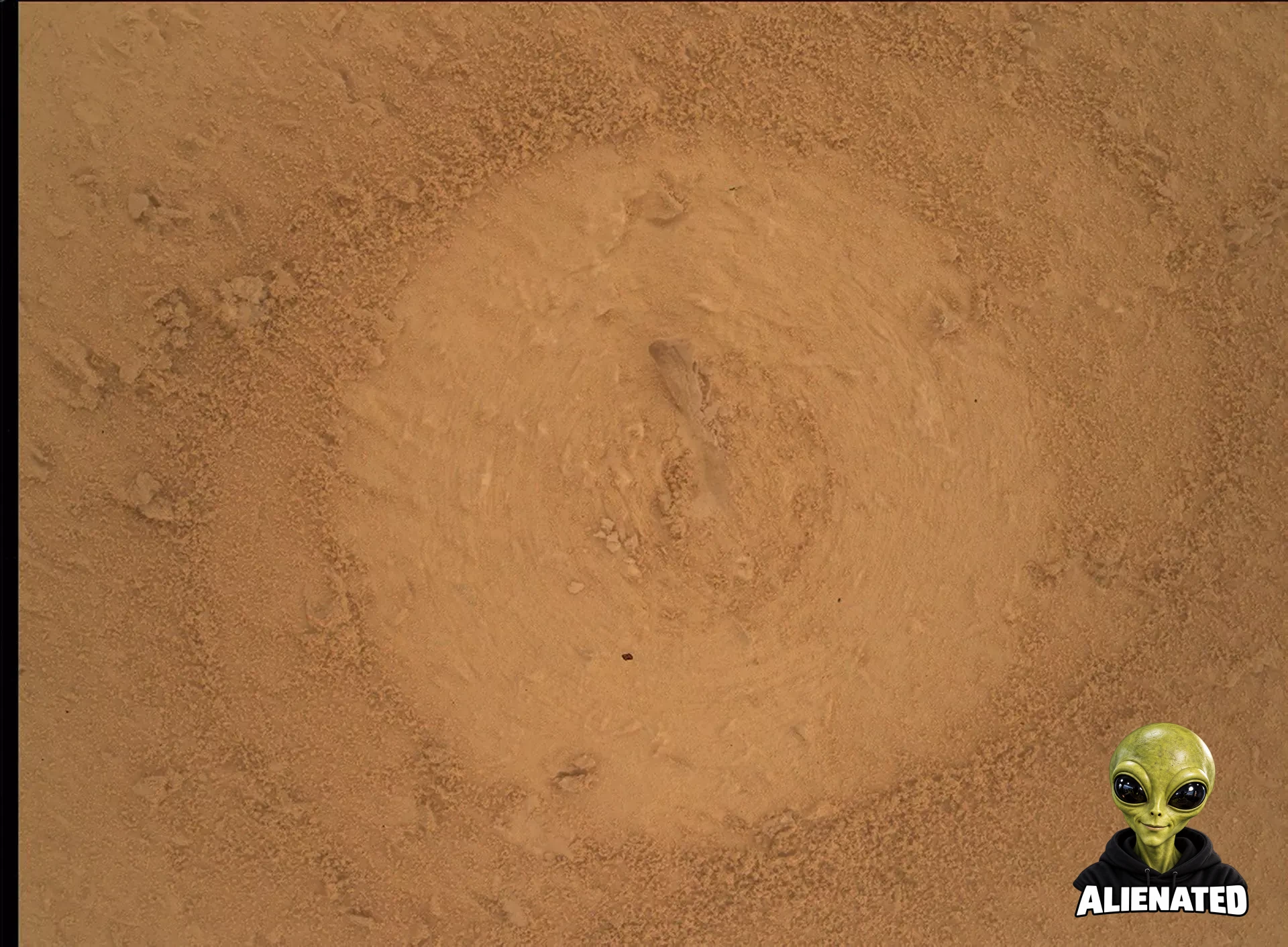 A close-up, overhead view of reddish-brown Martian soil taken by the Curiosity rover. In the center is a distinct, circular area where the top layer of rough soil has been smoothed or brushed away, leaving faint concentric ring marks. A small, elongated rock fragment is embedded in the very center of this circular patch. The brushed circle contrasts with the surrounding undisturbed surface, which is covered in loose, coarse sand and small, crumbly pebbles.