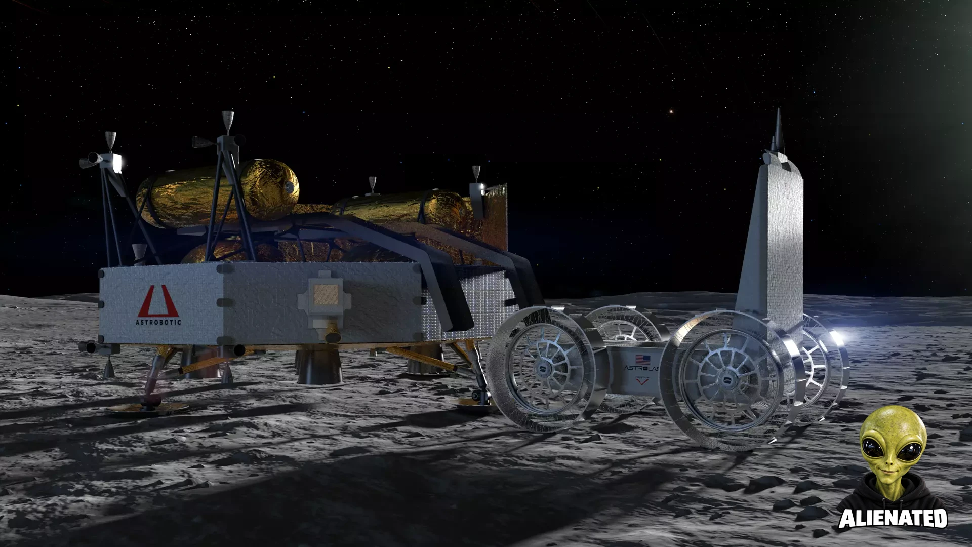 Artist's rendering of Astrobotic's Griffin Mission One lunar lander on the Moon's surface, deploying the FLIP rover, against a starry black sky