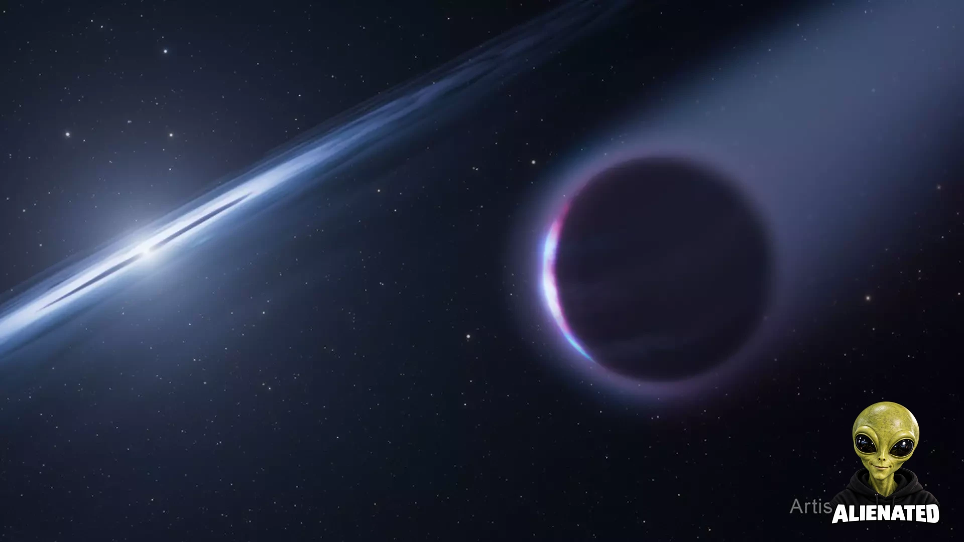 A gaseous planet in the right foreground, seen mostly in silhouette, orbits a small, white star in the background at left. The star is surrounded by a thin, bright white disk tilted from lower left to upper right. A semi-transparent tail of material comes off the planet toward upper right. Distant stars dot the black background of space.