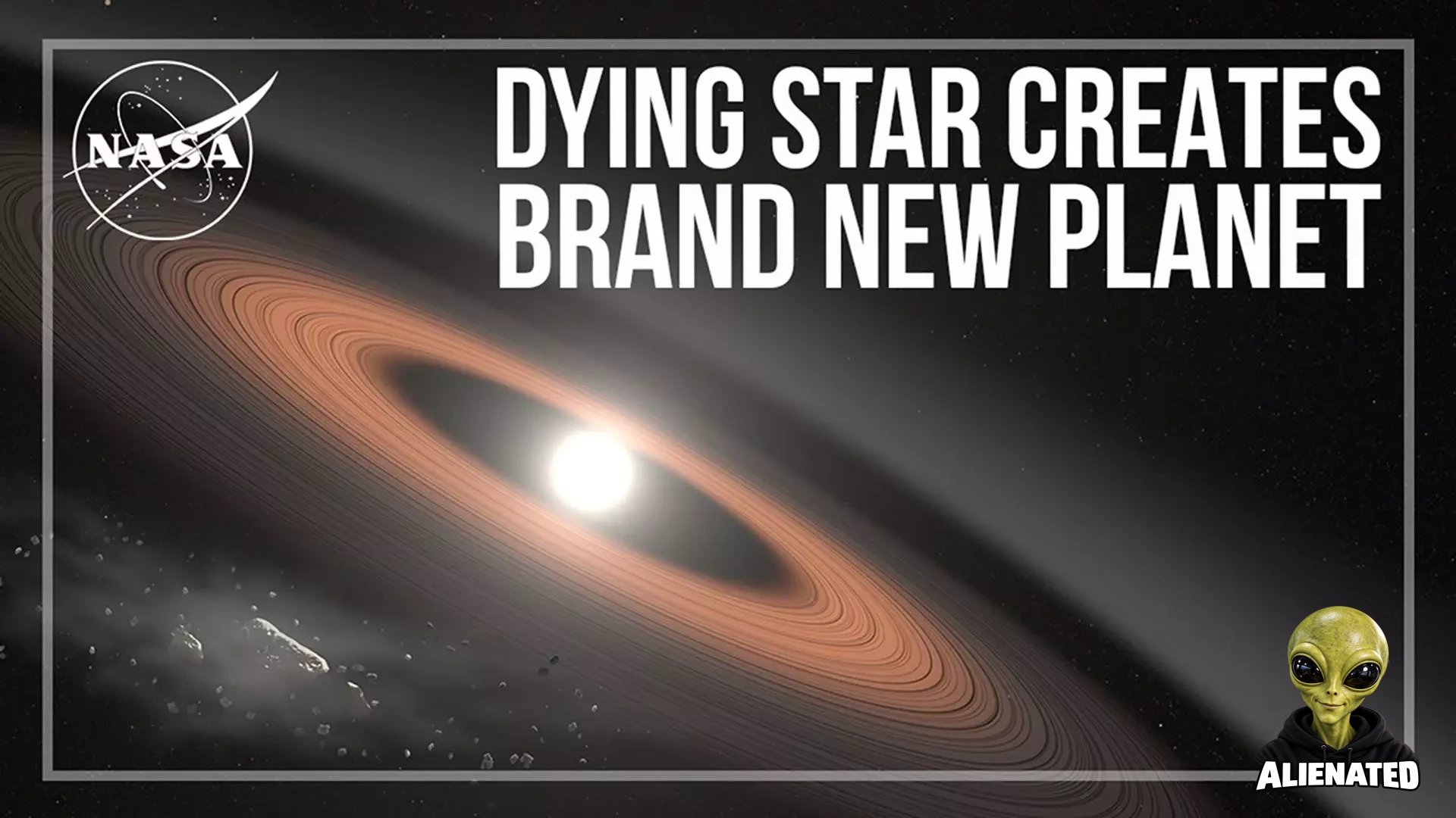 An artist's concept image of a white dwarf star with an orange disk of material around it. The NASA "meatball" logo in black and white is in the upper-left corner. The title, "Dying Star Creates Brand New Planet" is across the top-center to the upper-right corner.