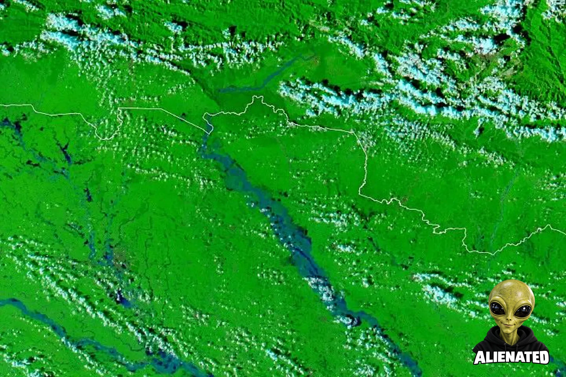 A false-color satellite image shows the same area during the flooding on September 29, 2026. The river appears much wider.