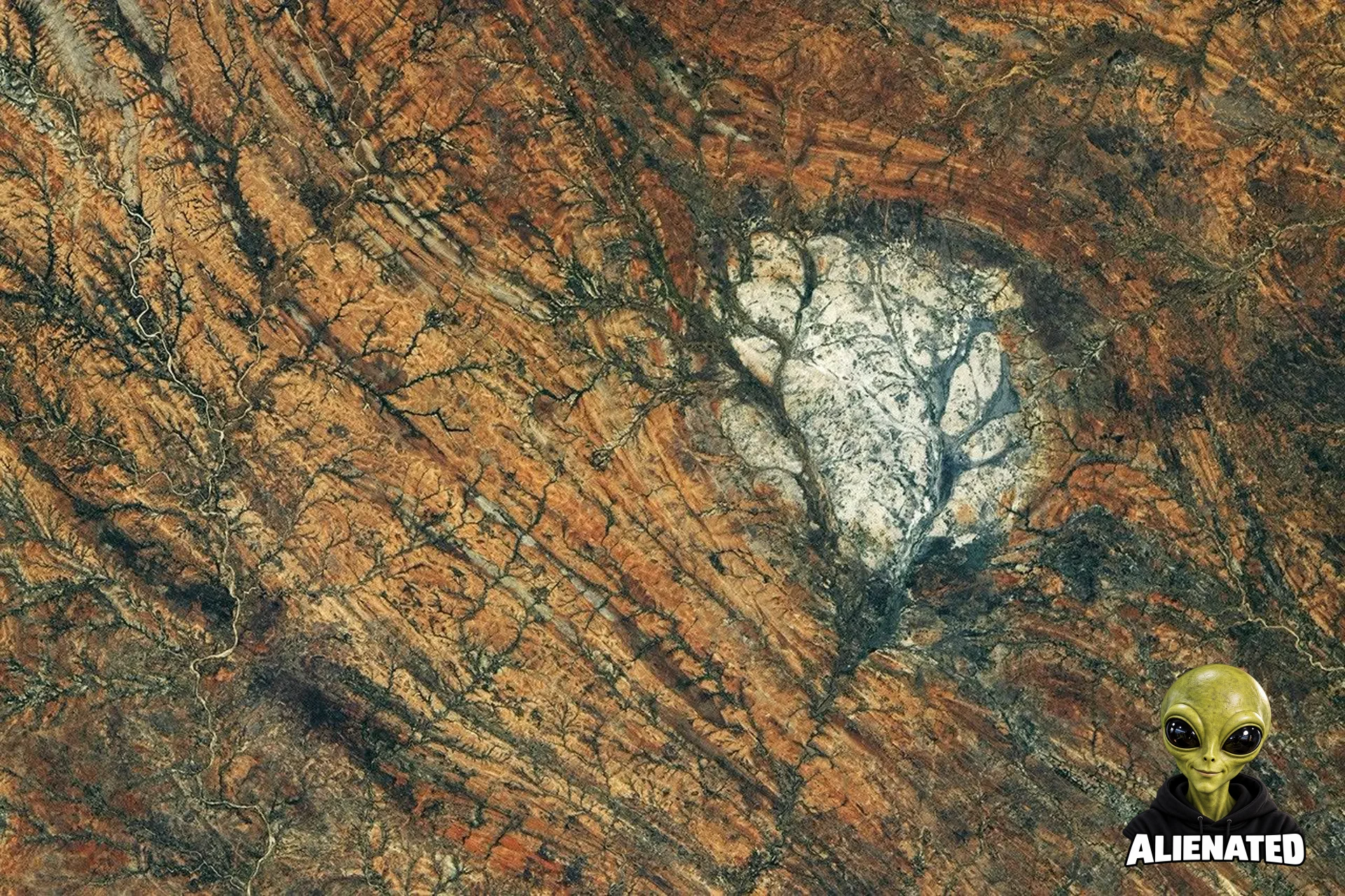 A round, white rock outcrop is surrounded by orange rocks with a north-south linear pattern. Branching riverbeds cut through the rock structures.