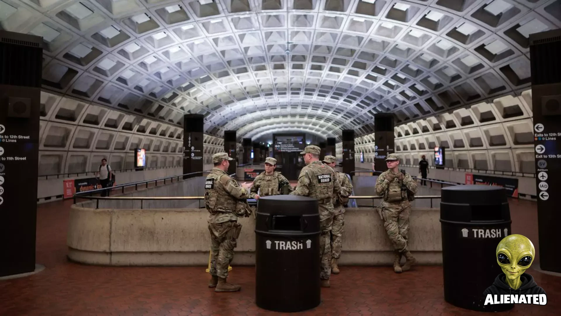 WASHINGTON, DC - MAY 16: U.S. Army National Guard members stand inside the Metro Center subway station in the heart of downtown on May 16, 2026 in Washington, DC. (Photo by Chip Somodevilla/Getty Images) 