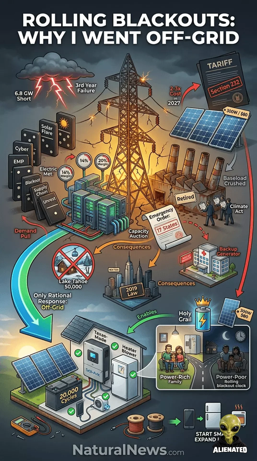 600-wide explainer infographic for Rolling Blackouts Are Coming: Why I'm Going Off-Grid Before 2029