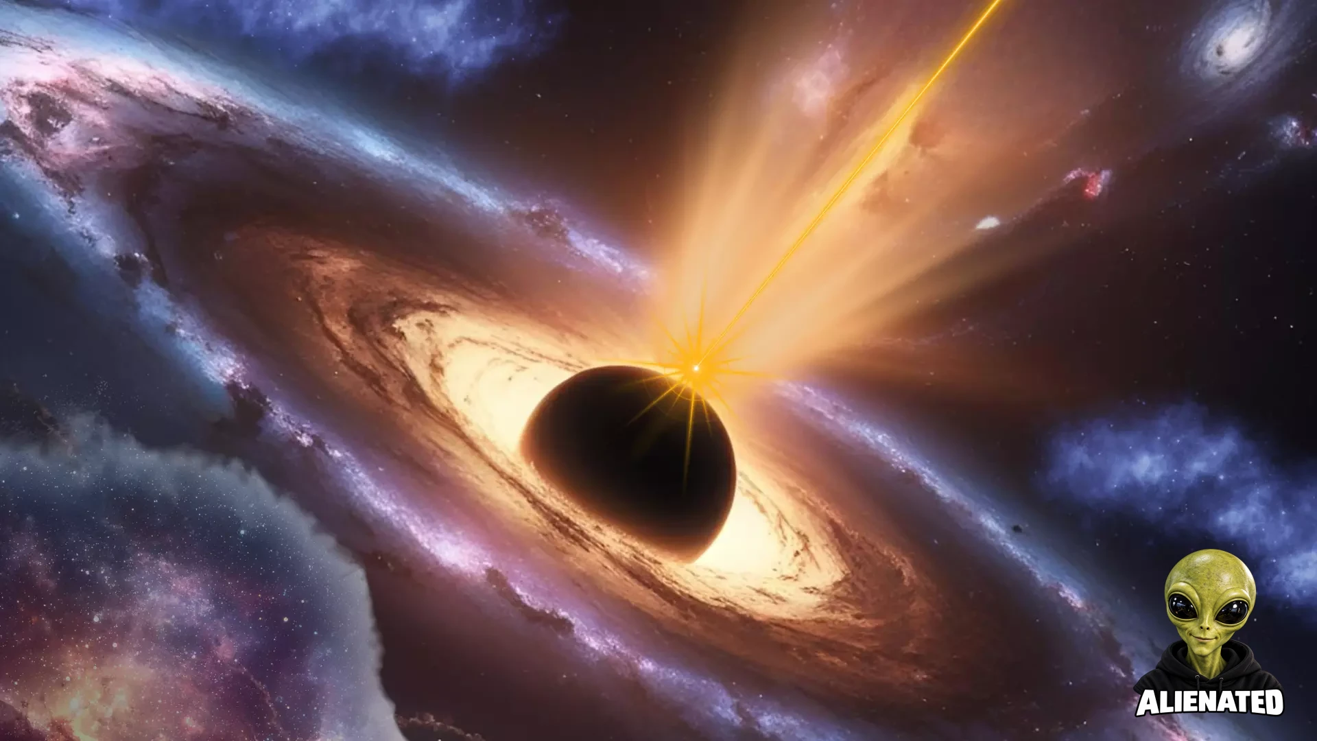 A black sphere surrounding by a ring of purple smoke with a orange cone emerging from its center