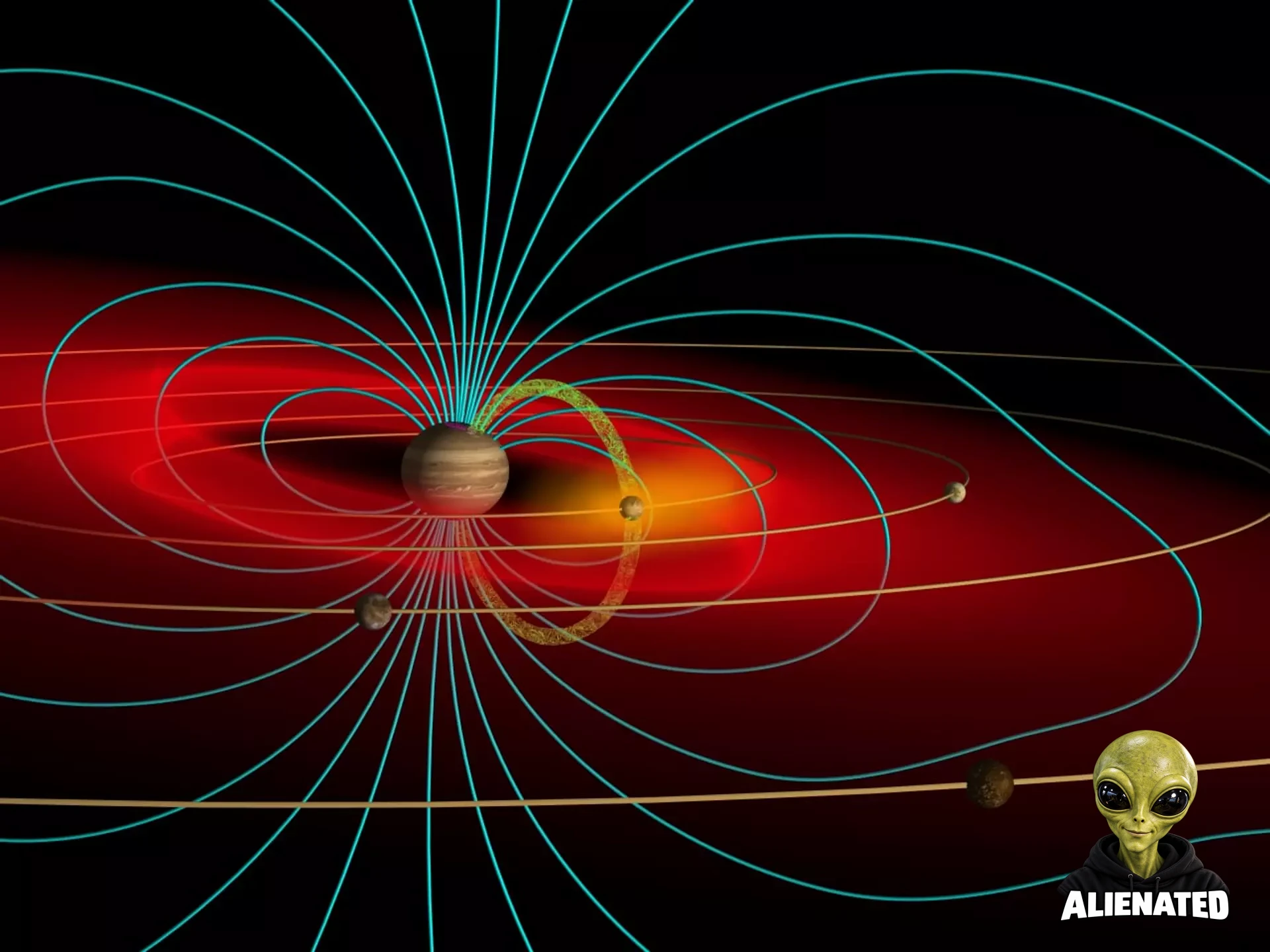 Schematic of the Jovian magnetosphere showing the Io Plasma Torus (red) and magnetic field lines (blue). Credit: John Spencer