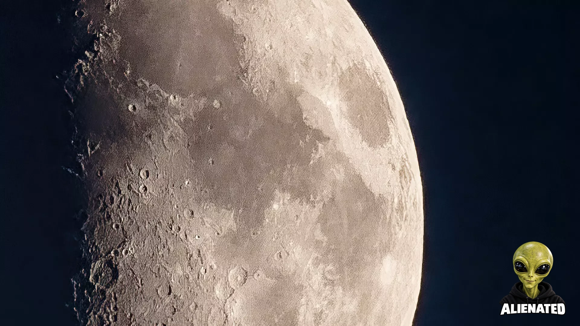Close up of the moon. The surface of the moon has many craters.