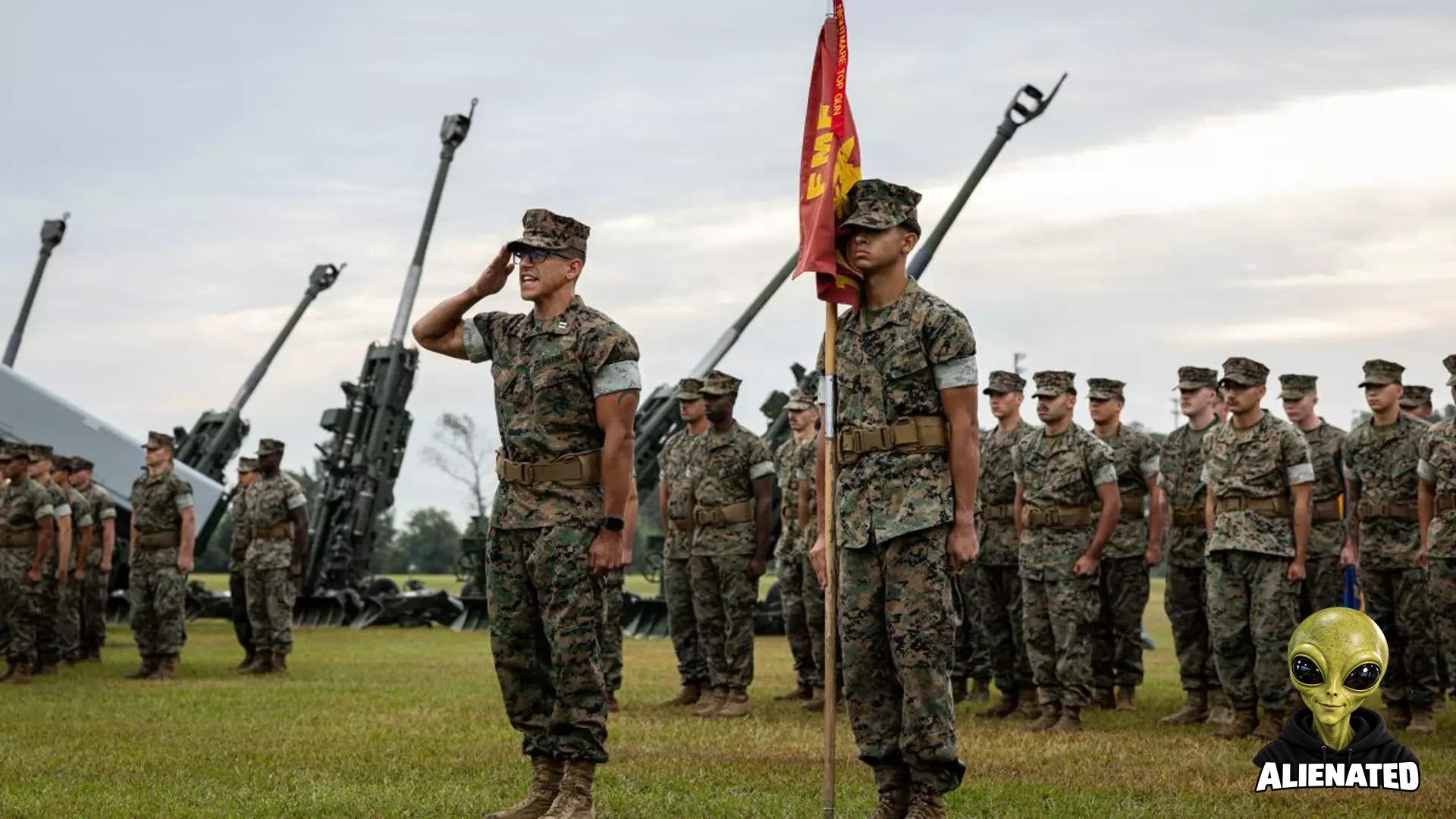 U.S. Marines with 1st Battalion, 10th Marine Regiment, 2nd Marine Division present arms during a re-designation ceremony at WPT Hill Field, Camp Lejeune, North Carolina, Oct. 9, 2026. The ceremony officially recognized the Battalion’s transition from an Artillery Battalion to a Medium Missile Battalion, improving 1st Battalion, 10th Marines’ capabilities to provide support to operations and exercises involving sea denial and littoral access, in line with Marine Corps Force Design. (U.S. Marine C