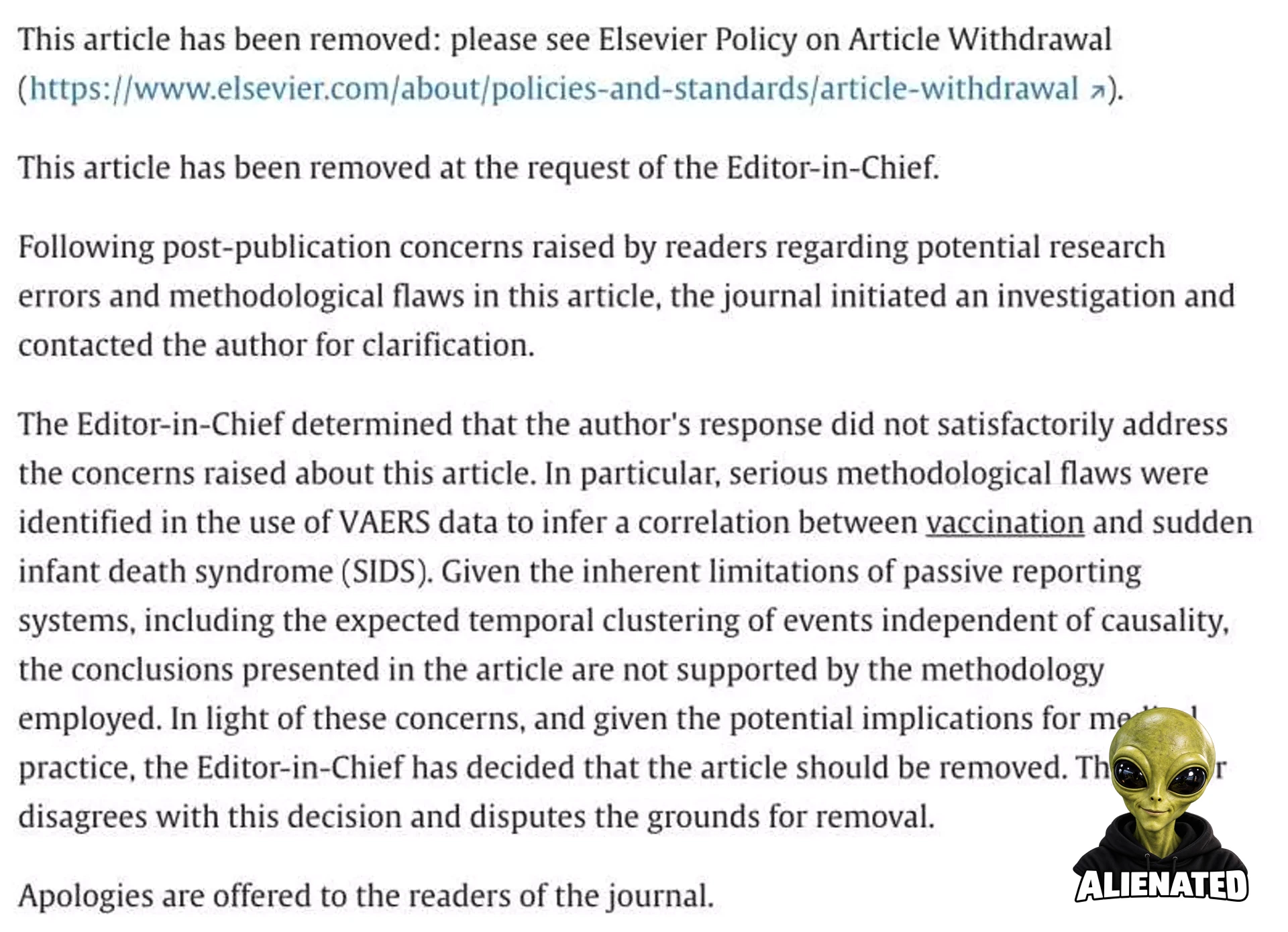 Retraction of SIDS Paper Based on VAERS Analysis Five Years after Publication
