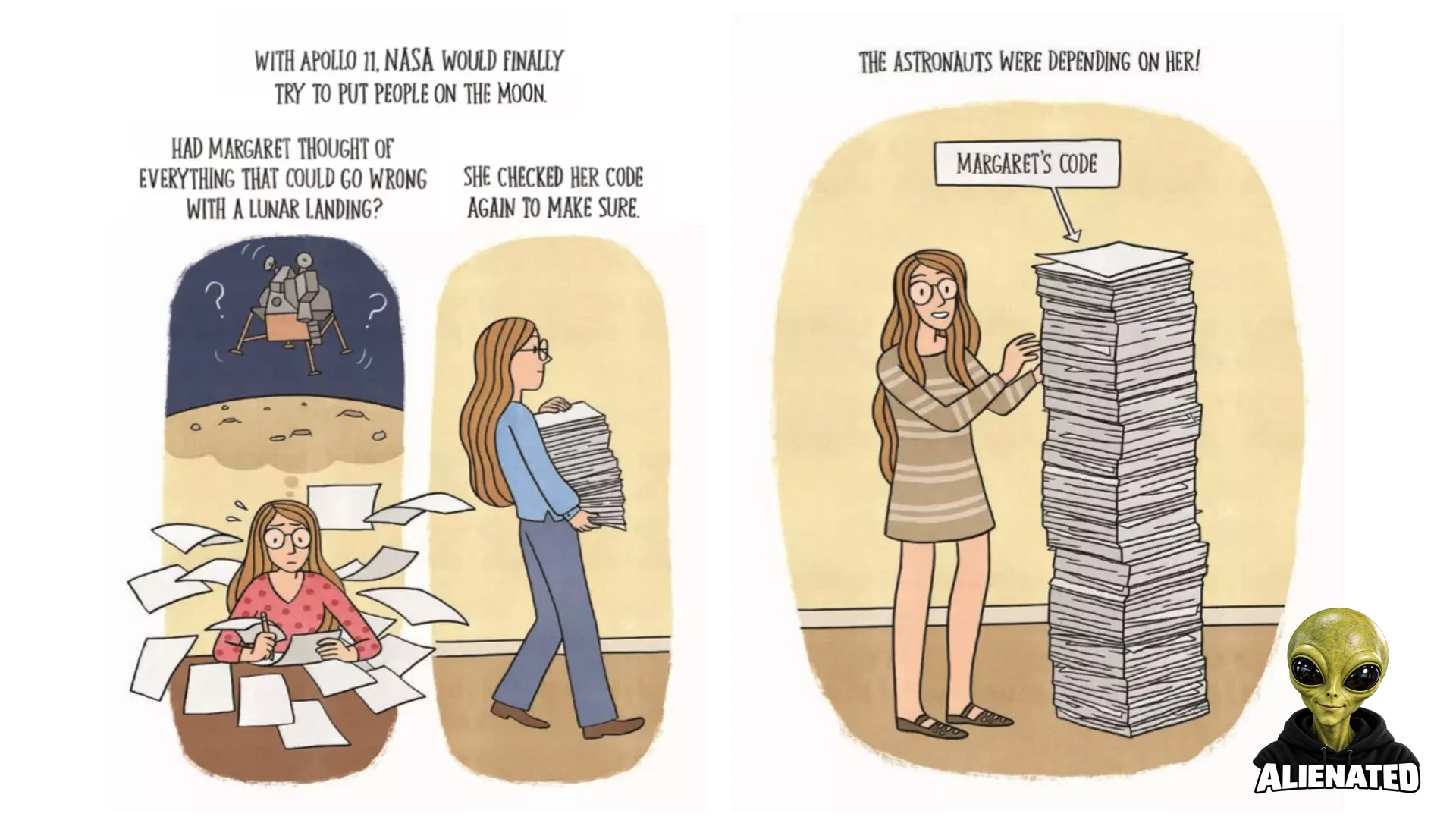 two-page spread from a graphic novel, showing a woman in glasses holding and then standing next to a giant stack of papers