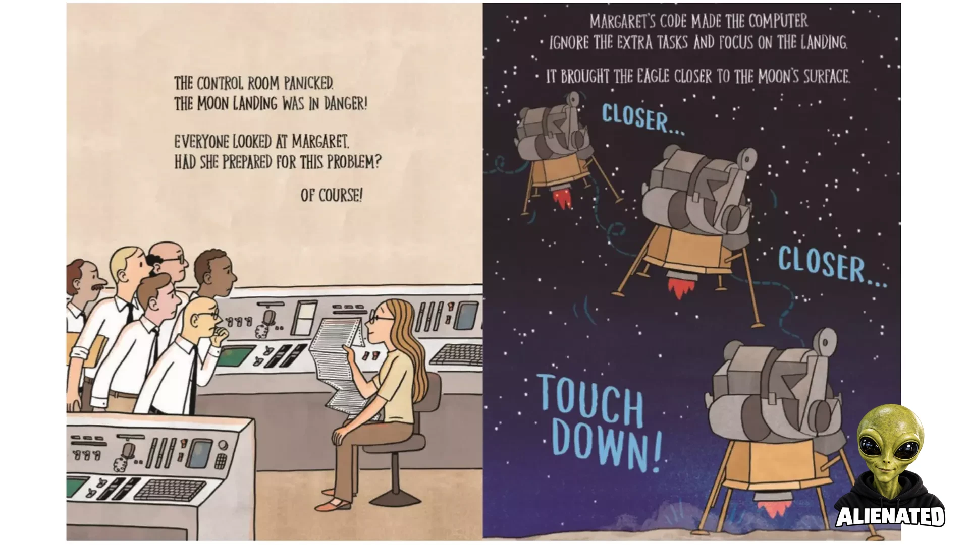 two pages from a graphic novel, showing a woman and six men in a computer lab and a spacecraft landing on the moon