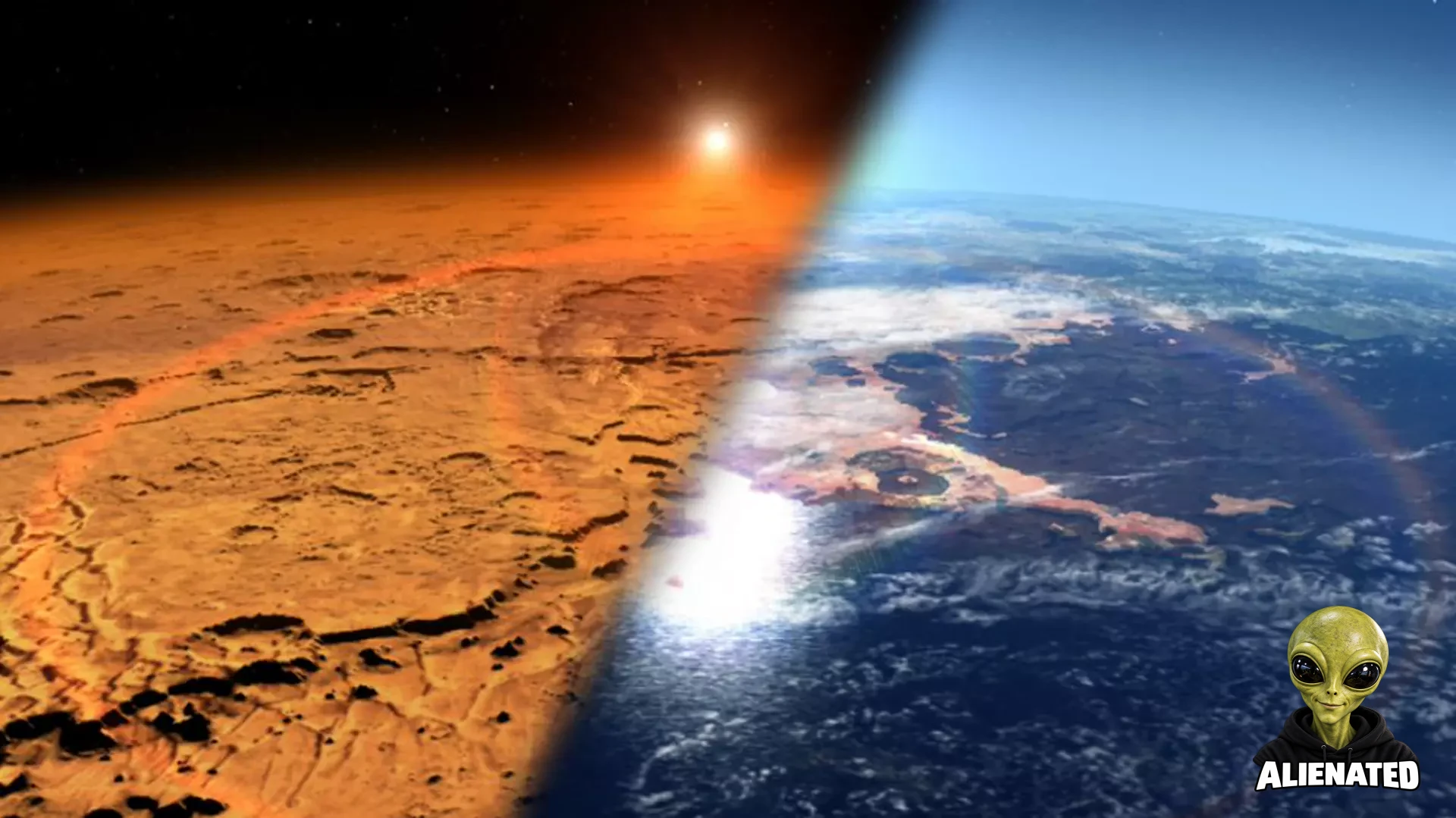 This artist's concept depicts the early Martian environment (right) – believed to contain liquid water and a thicker atmosphere – versus the cold, dry environment seen on Mars today (left). Credit: NASA's Goddard Space Flight Center.