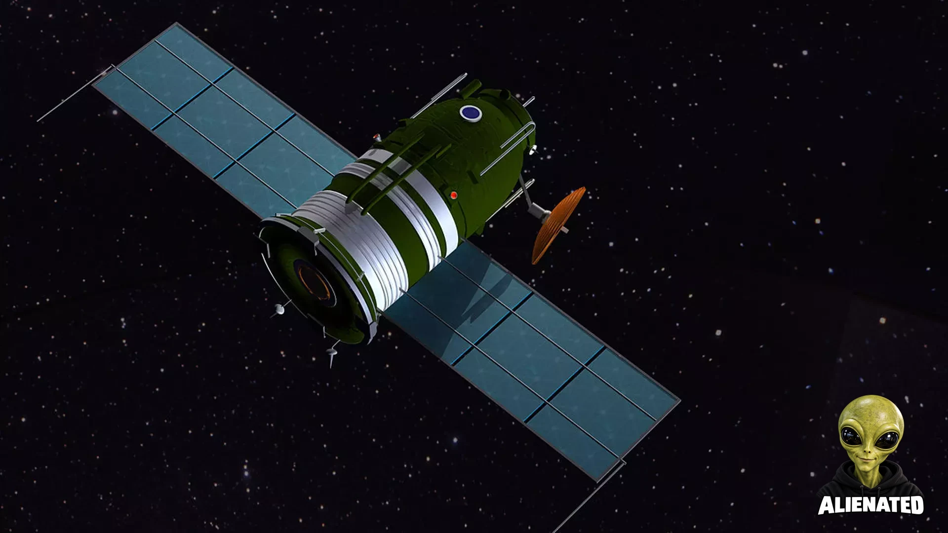 a stubby soyuz-looking green spacecraft with solar panels