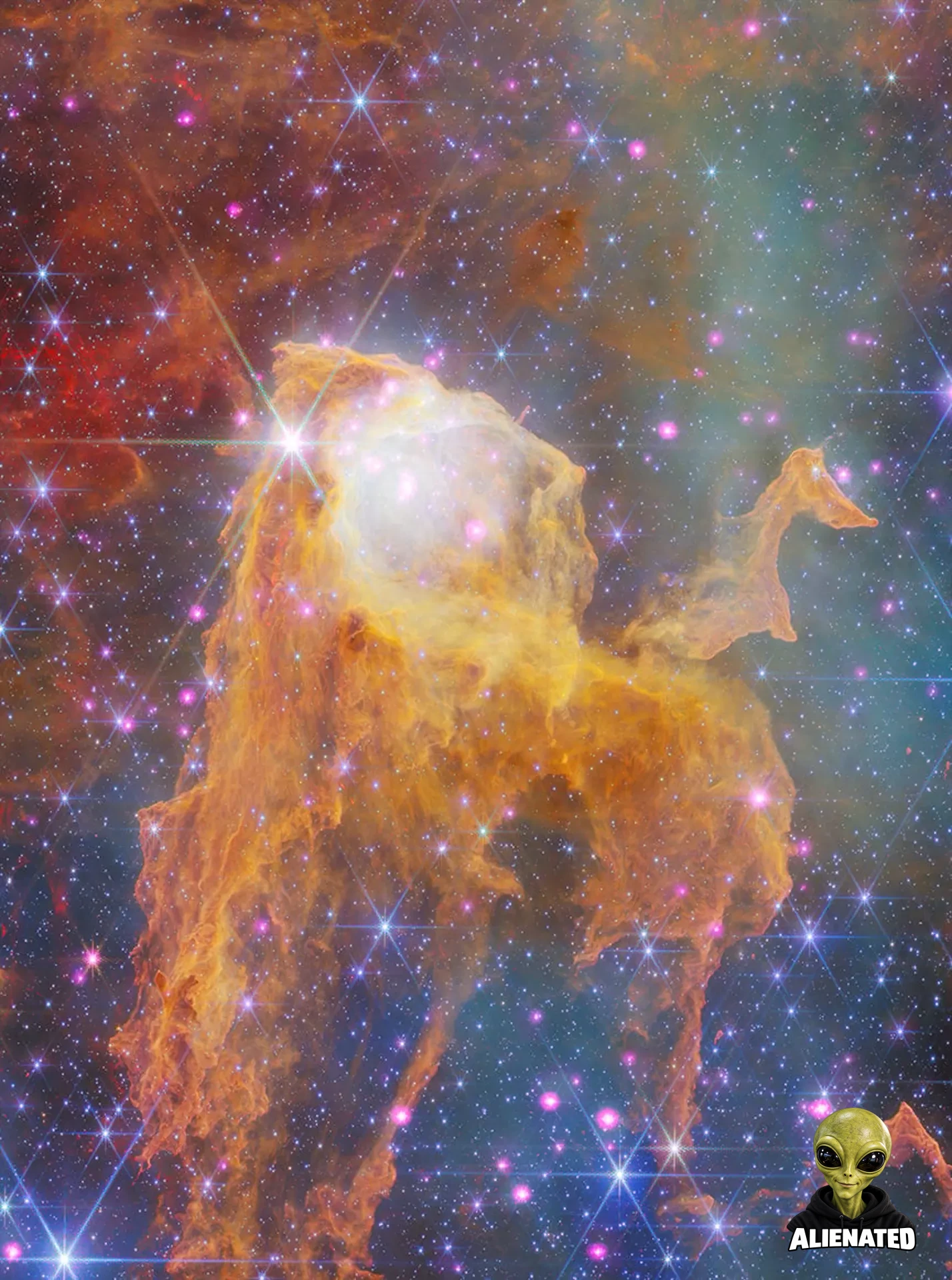 This ghostly apparition lies in the Carina Nebula and turns out to be a star-birth region inside the larger complex. X-rays detected by the Chandra X-ray Observatory (pink) — which reveal young stars in the nebula — have been combined with JWST’s infrared data (red, green, and blue).Credit: X-ray: NASA/CXC/SAO; Optical: CTIO/NOIRLab/NSF/AURA/N.Smith(Univ of Minnesota); Infrared: NASA/ESA/CSA/STScI; Image Processing: NASA/CXC/SAO/L. Frattare