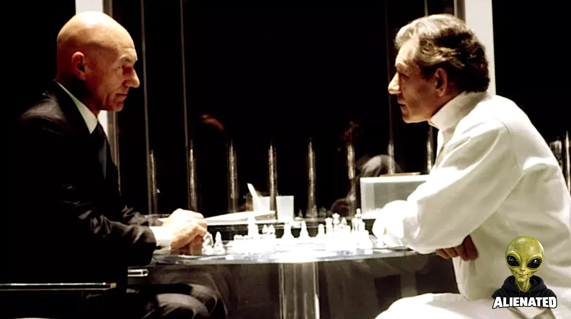 two men playing a game of chess in a glass room