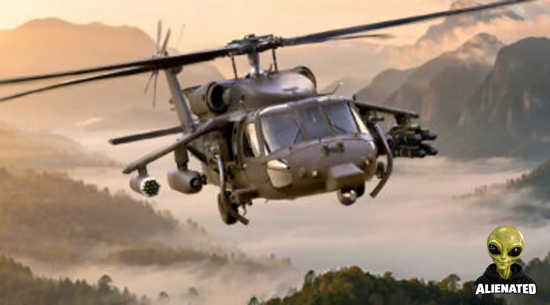 Armed BLACK HAWK helicopter with CLAW wing carrying Modular Effects Launcher and Spike NLOS missiles.